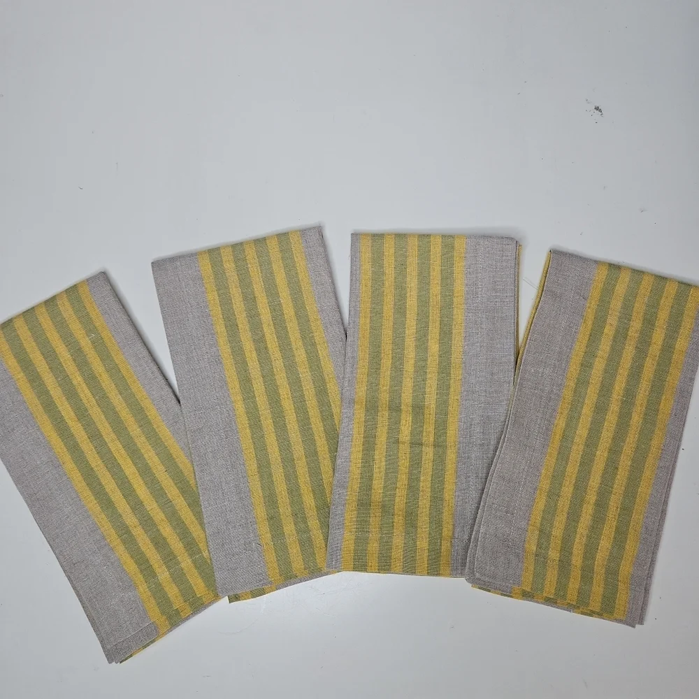 Williams Sonoma Set/4 100% Linen Dinner Napkins Neutral Tan Yellow Green Stripe